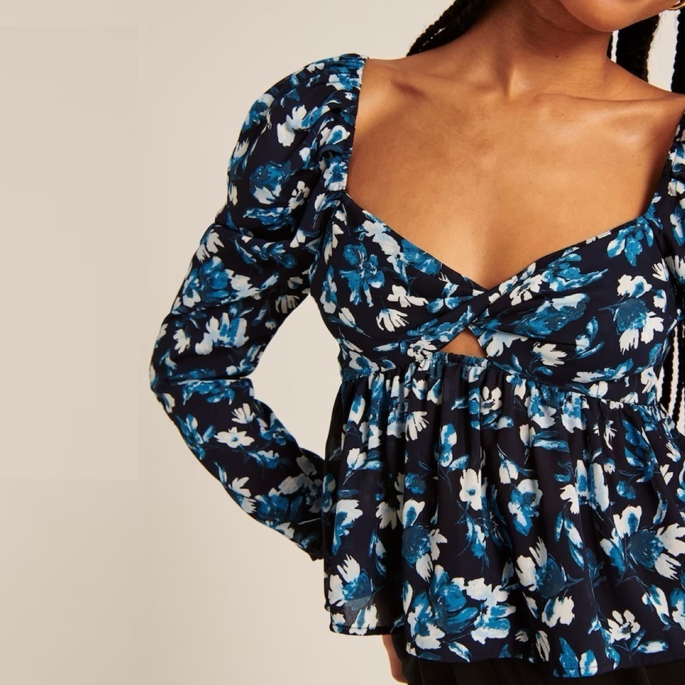 Abercrombie & Fitch Blue Floral Long Sleeve Sheer Twist Front Top